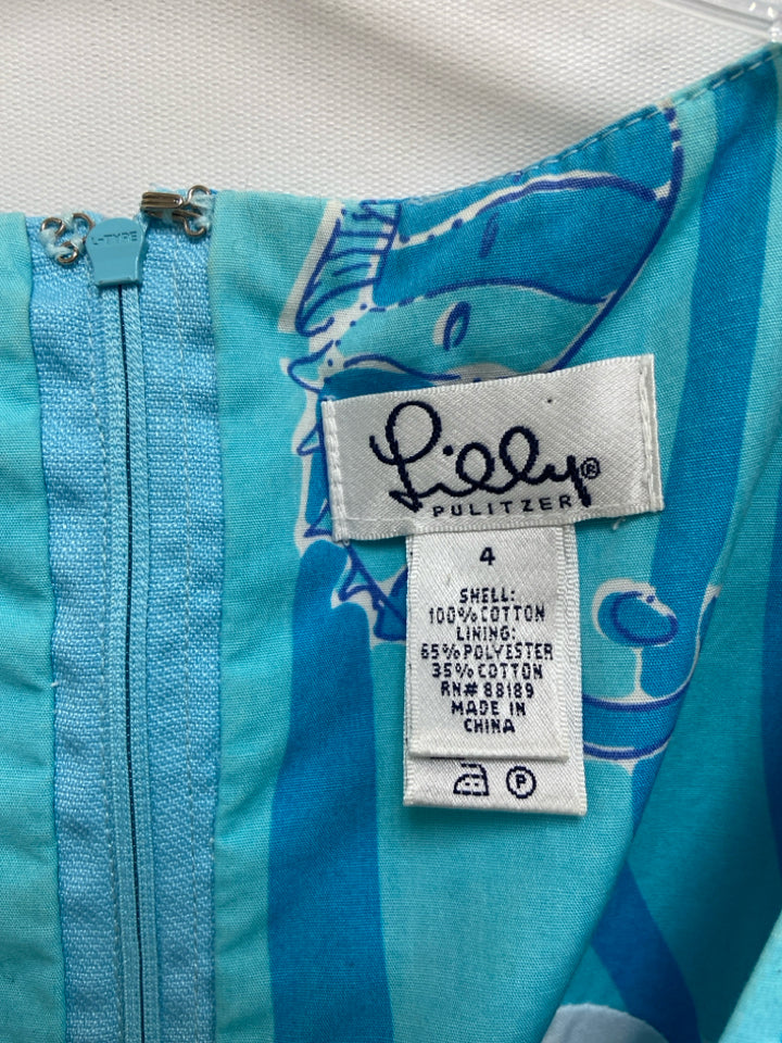 LILLY PULITZER Size 4 Aqua Turquoise Seahorse Sleeveless Ladies Dress