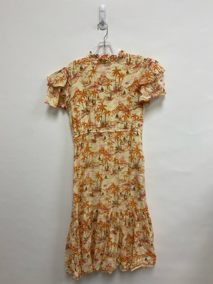 OLIVIA JAMES Size L Dusty Yellow Orange/Brown Tropical Short Sleeve Ladies Dress