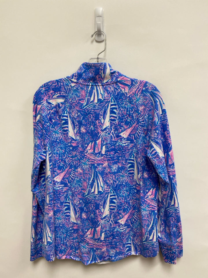 LILLY PULITZER Size M Blue Pink/White Palm Trees Ladies Pullover