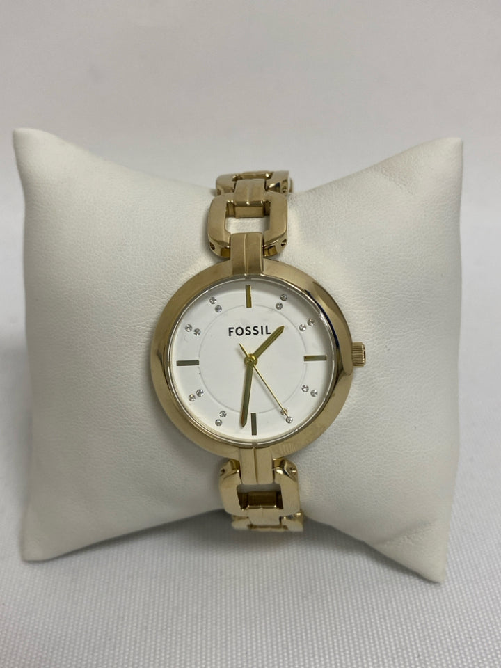 NEW/BOX Fossil Gold Color Clear Jeweled Ladies Wristwatch