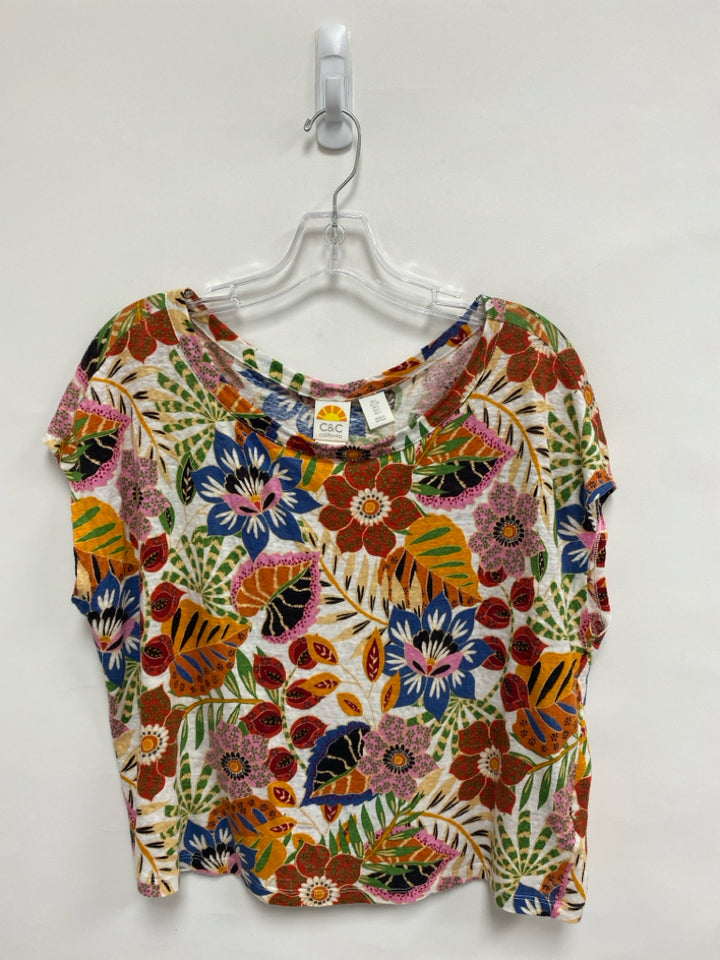 C&amp;C Size L Red/White Green/Multi Flowers Linen Ladies Top