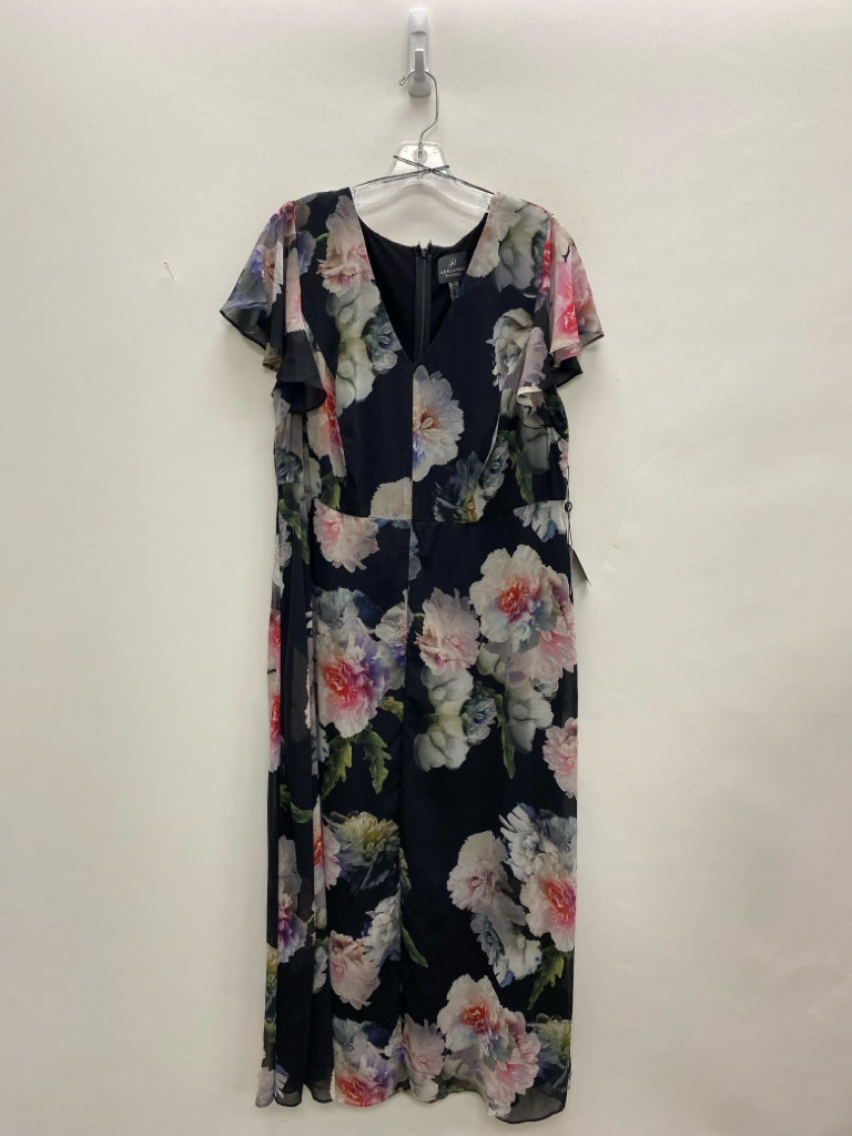 NWT Papell  SIZE  14W Black/Cream Pink/Green Ruffles Maxi Plus Size Dress