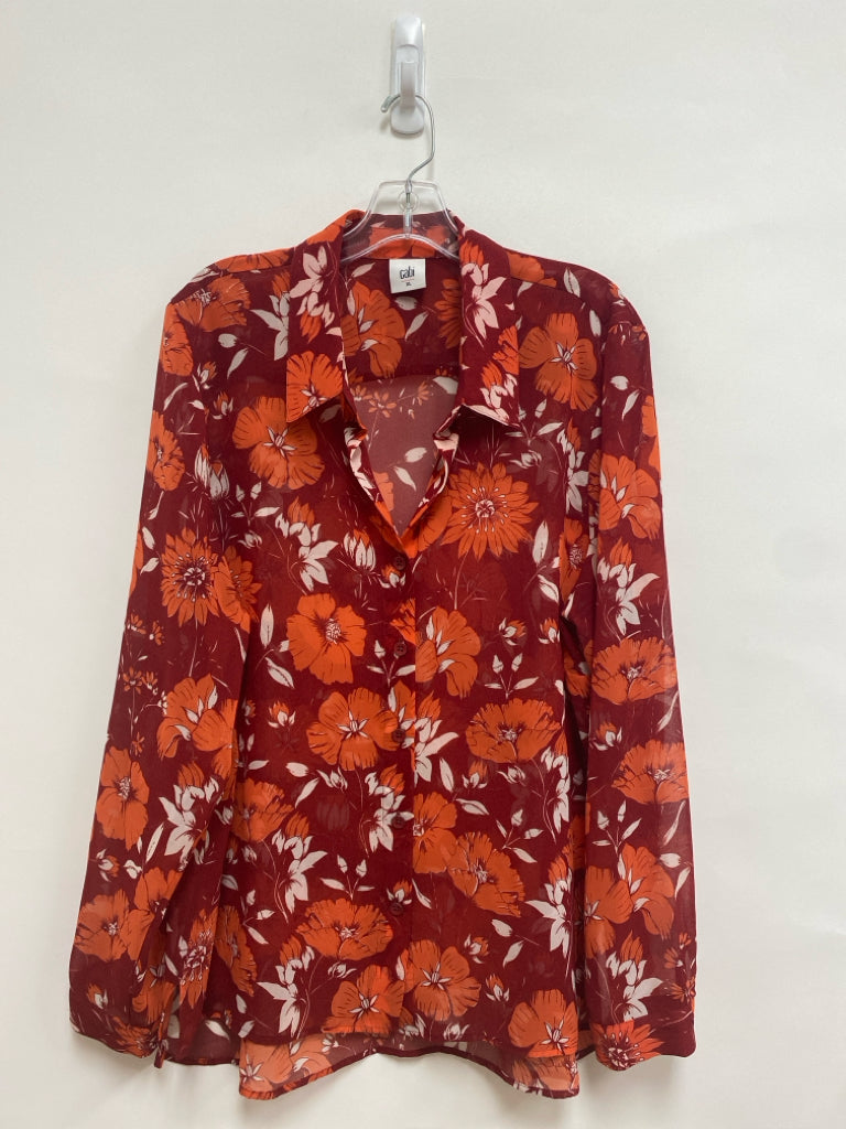 Cabi Size XL Red Coral/White Flowers Sheer Ladies Top