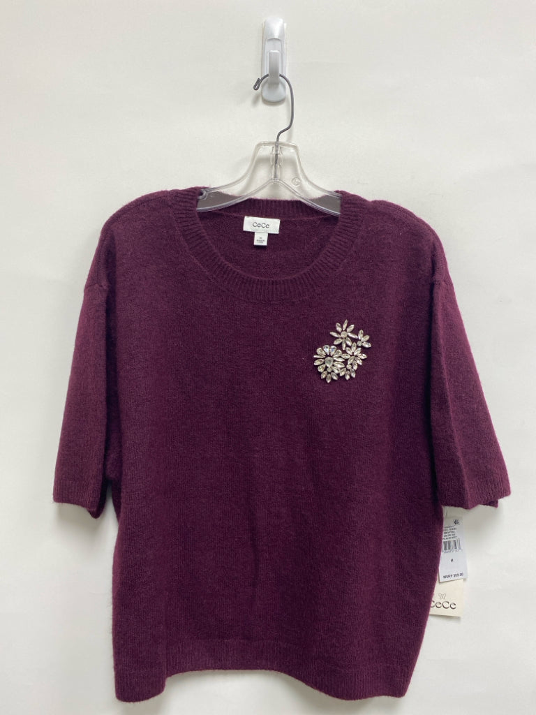 NWT CeCe Size M Burgundy Rhinestone Short Sleeve Ladies Sweater