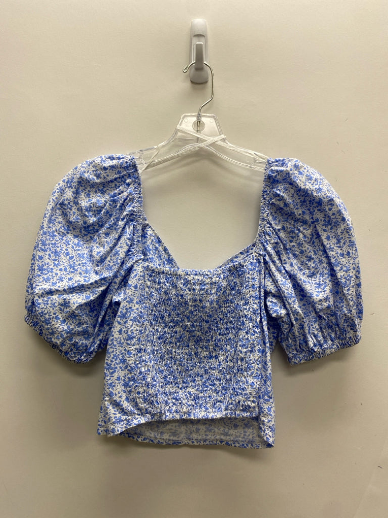 SIM &amp; SAM Size M White Blue Flowers Puff Sleeve Ladies Top