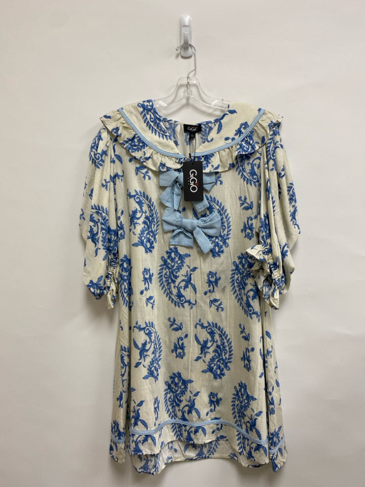 NWT GiGiO Size L Cream Blue Paisley Puff Sleeve Ladies Dress