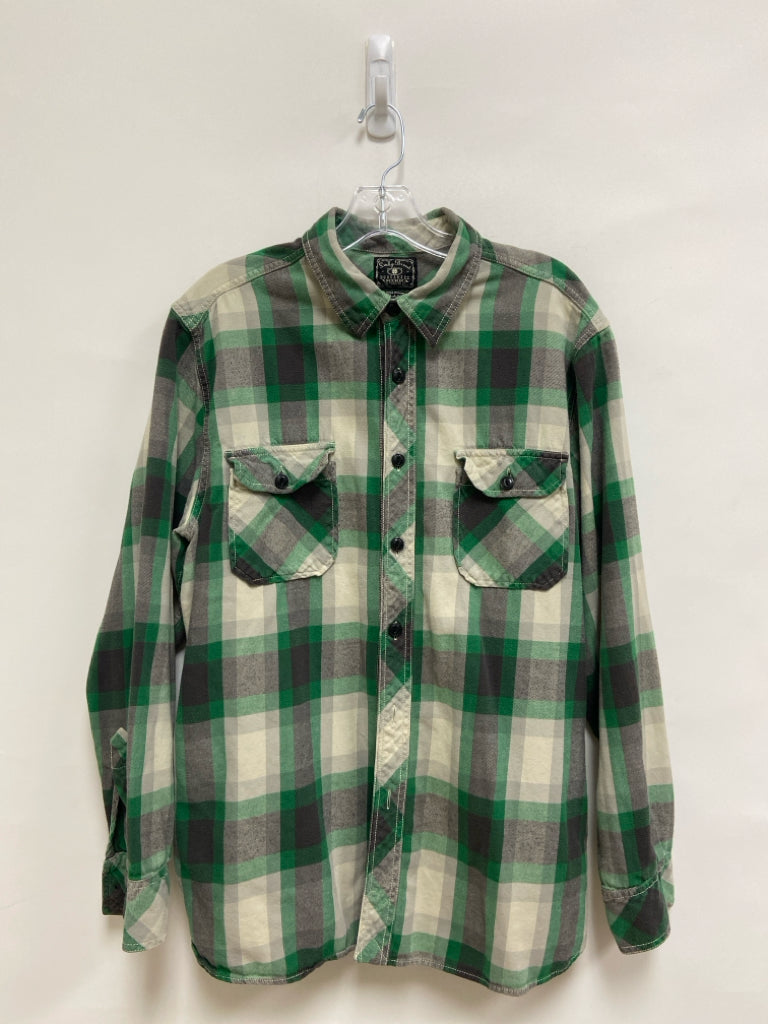 Lucky Brand Size XL Cream/Green Black Plaid Flannel Men&