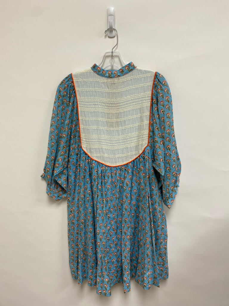 NWT GiGiO Size M Blue/Cream Coral/Brown Flowers Puff Sleeve Ladies Dress