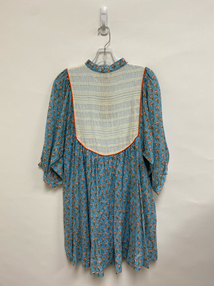 NWT GiGiO Size M Blue/Cream Coral/Brown Flowers Puff Sleeve Ladies Dress