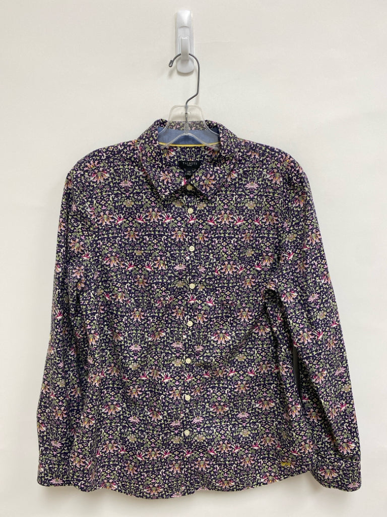 Talbots Size 14P Eggplant Green/Pink Hummingbird Button Up Petite Top