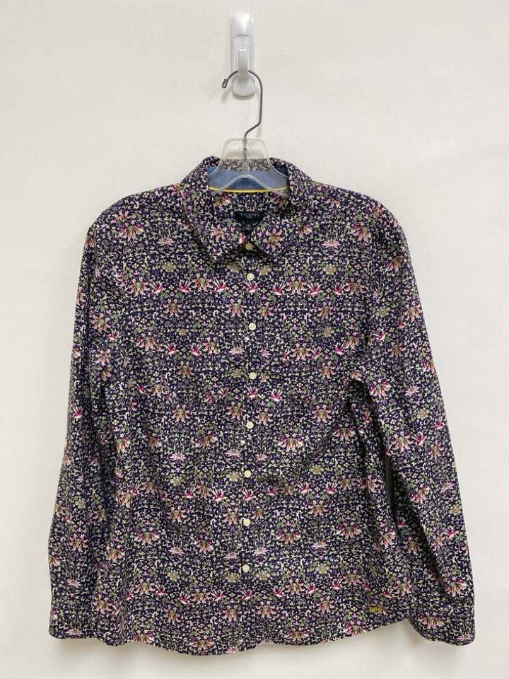 Talbots Size 14P Eggplant Green/Pink Hummingbird Button Up Petite Top