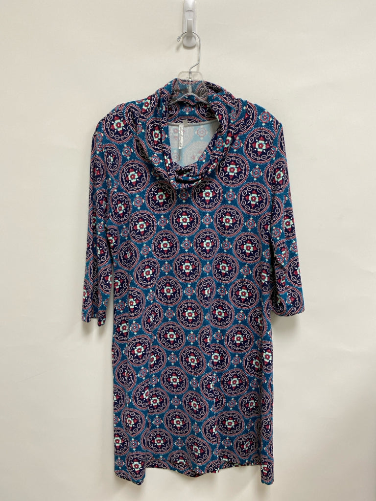 LuLu-B Size L Turquoise Aqua/Navy Medallion Cowl Neck Ladies Dress