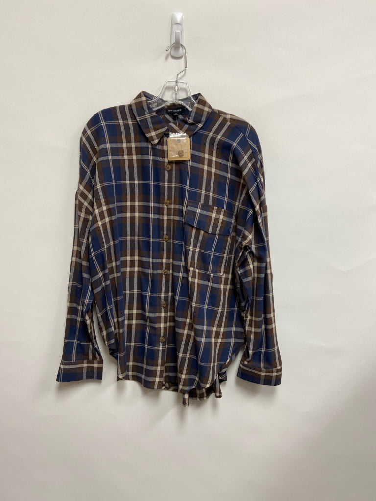 NWT blu pepper Size L Navy Brown/Cream Plaid Long Sleeve Ladies Top
