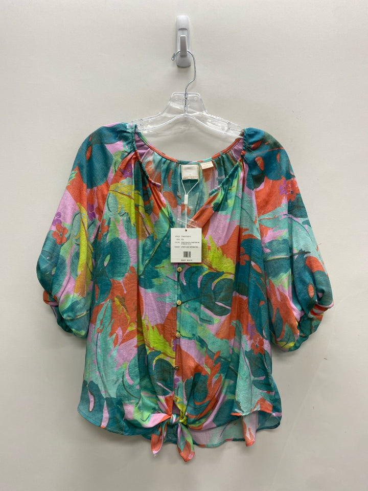 NWT Sharagano Size XLP Blue Coral/Pink Leaves Petite Top