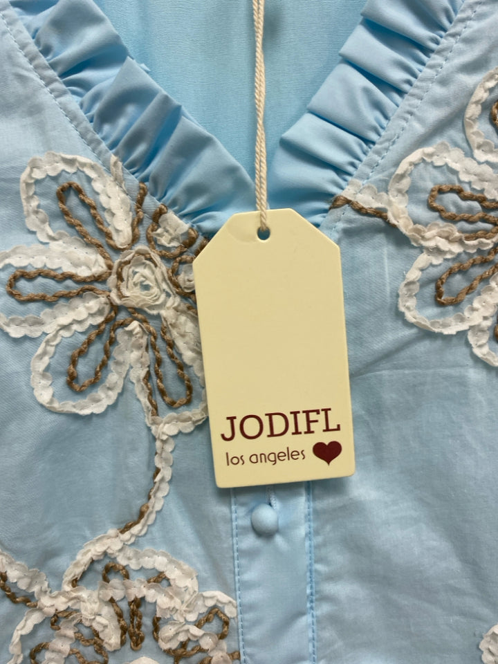 NWT Jodifl Size S Powder Blue White/Tan Piping Button Up Ladies Dress