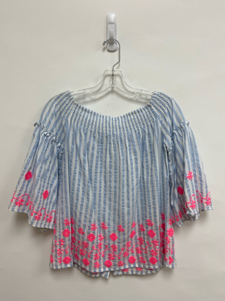 Joy Joy Size XS White/Blue Neon Pnk Embroidered Ladies Top