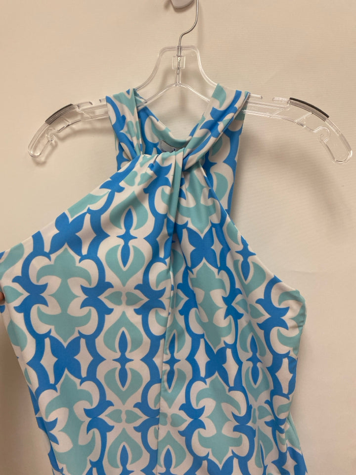 Jude Connally Size M Aqua Blue/White Acanthus Sleeveless Ladies Dress