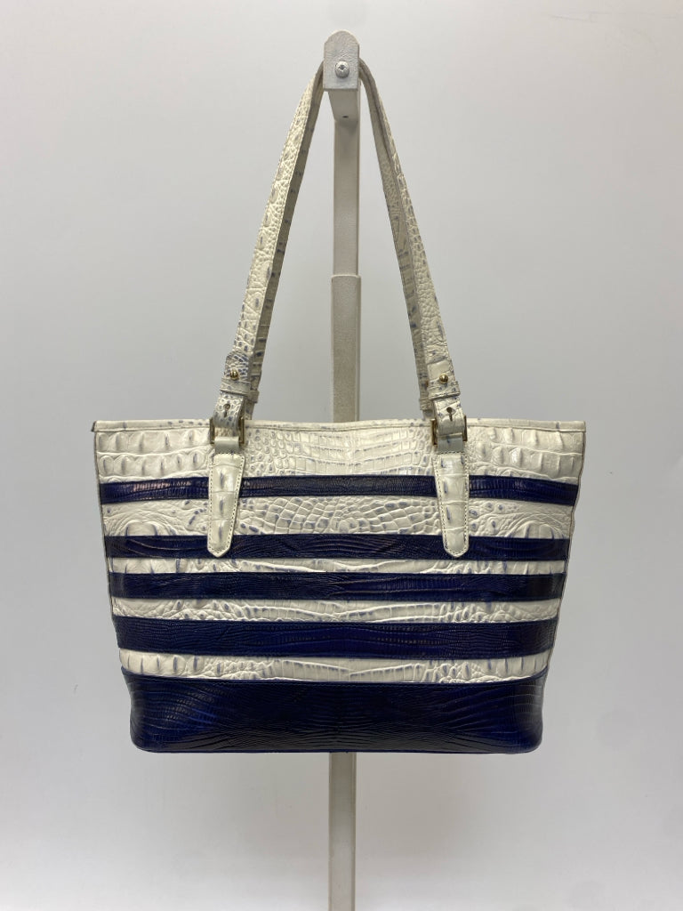 Brahmin White Dark Blue Stripe(s) Leather Handbag