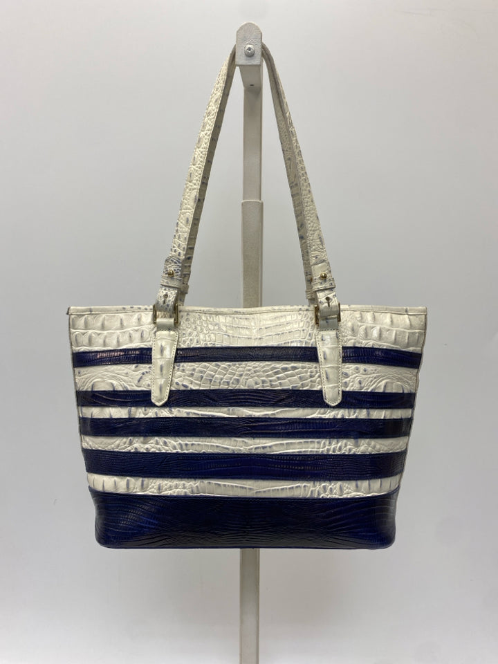 Brahmin White Dark Blue Stripe(s) Leather Handbag