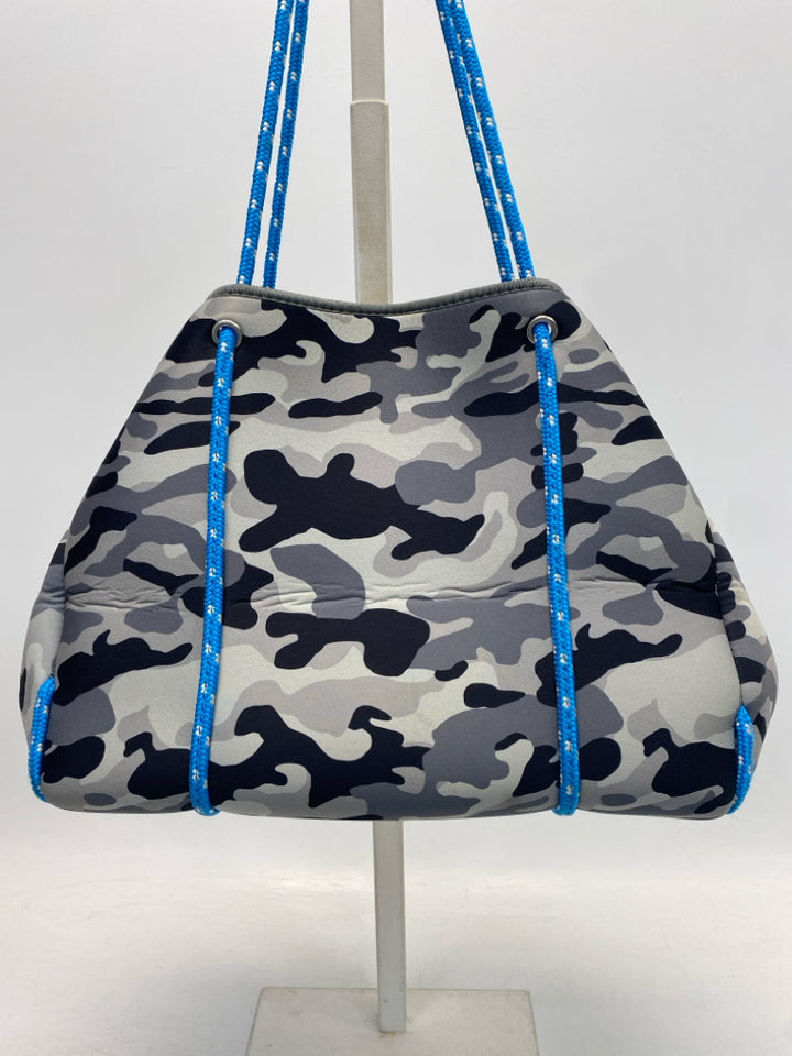 ah dorned Gray Black/Blue Camouflage Neoprene Tote Bag