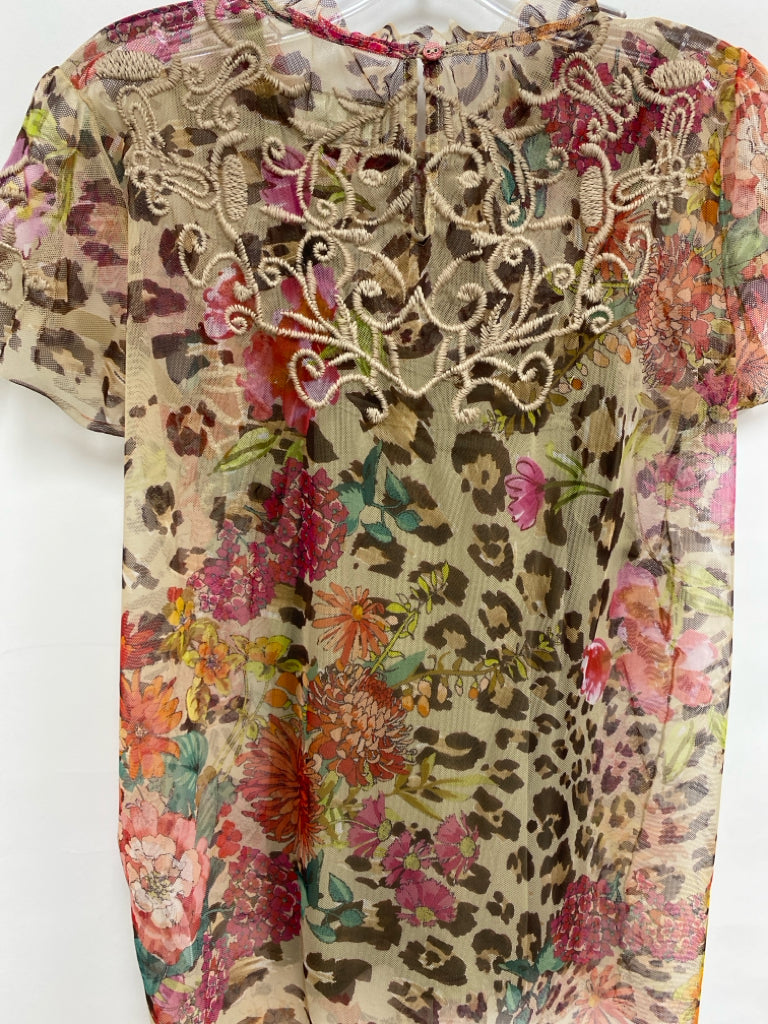 NWT JOHNNY WAS Size XS Tan Red/Multi Flowers Sleeveless Mesh Ladies Top