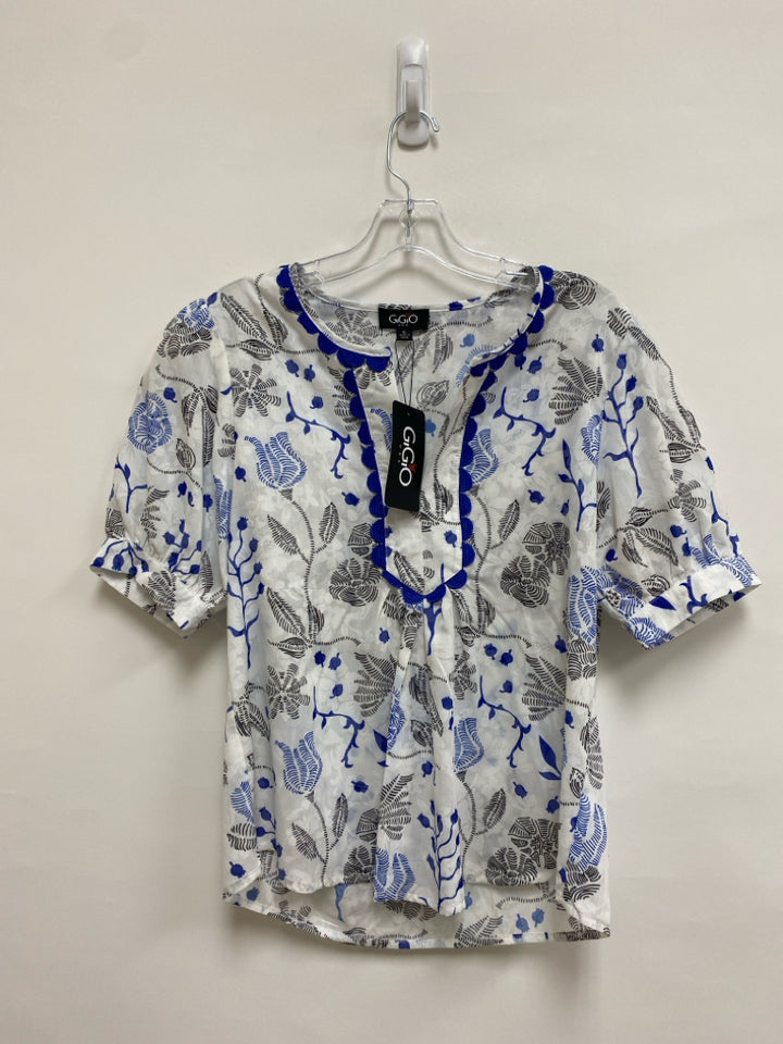 NWT GiGiO Size S White Blue/Black Floral Ladies Top