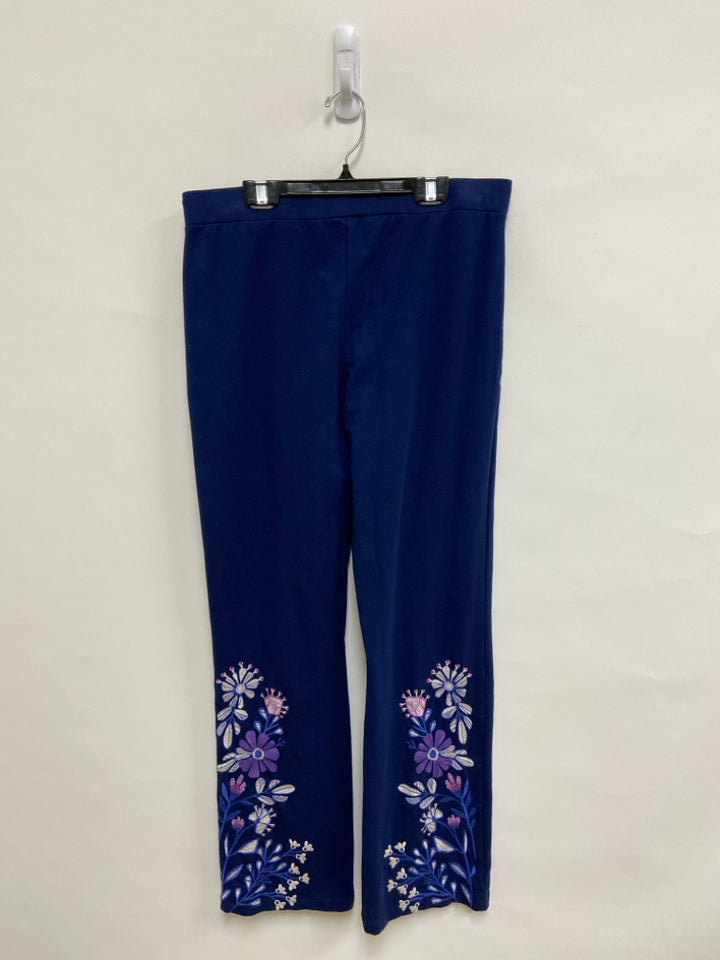 JOHNNY WAS Size L Navy Lavender/Blue Embroidered Pull-on Ladies Pants