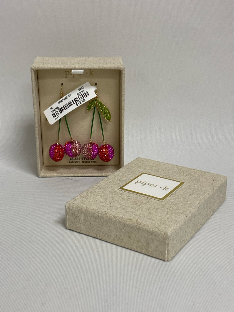 NEW/BOX Piper K Green/Pink Purple/Red Cherries Earrings