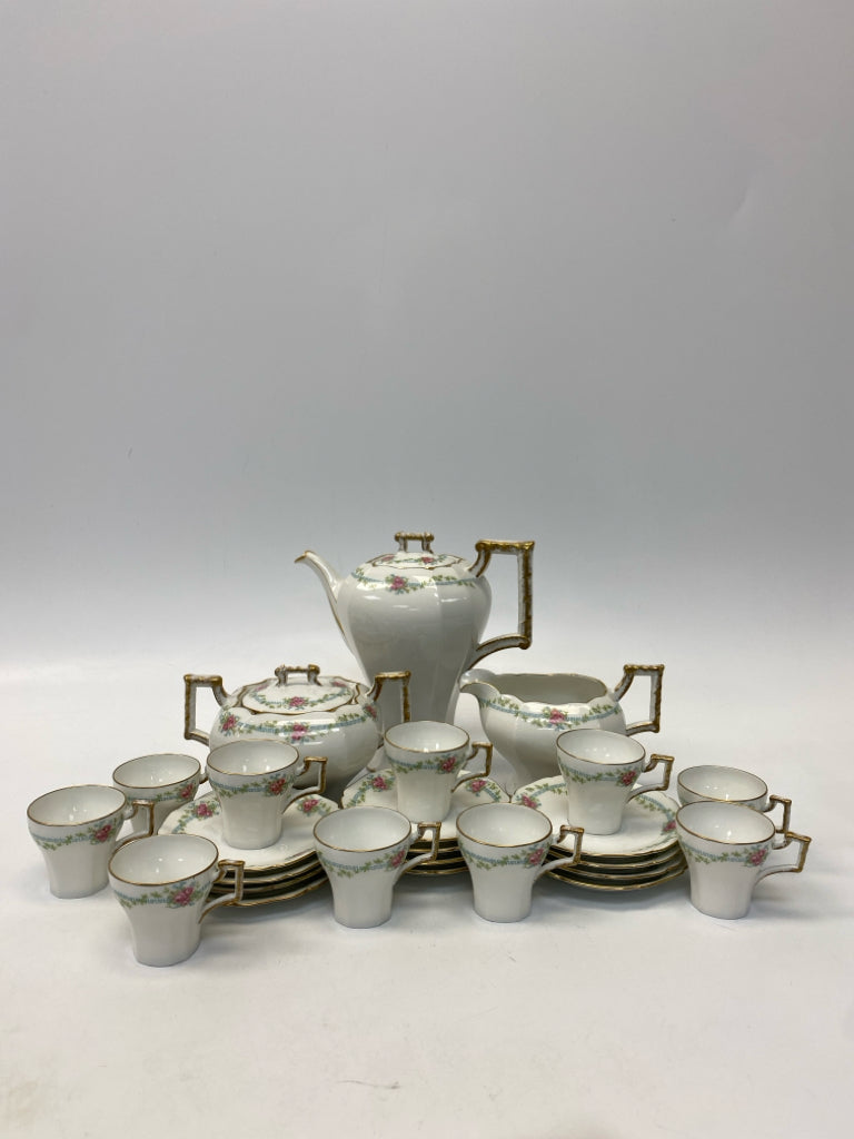 Limoges White Pink Roses China Tea Set
