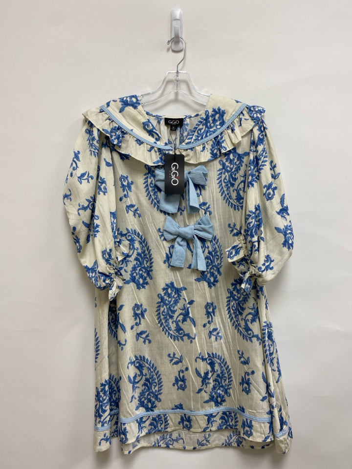 NWT GiGiO Size M Cream Blue Paisley Puff Sleeve Ladies Dress