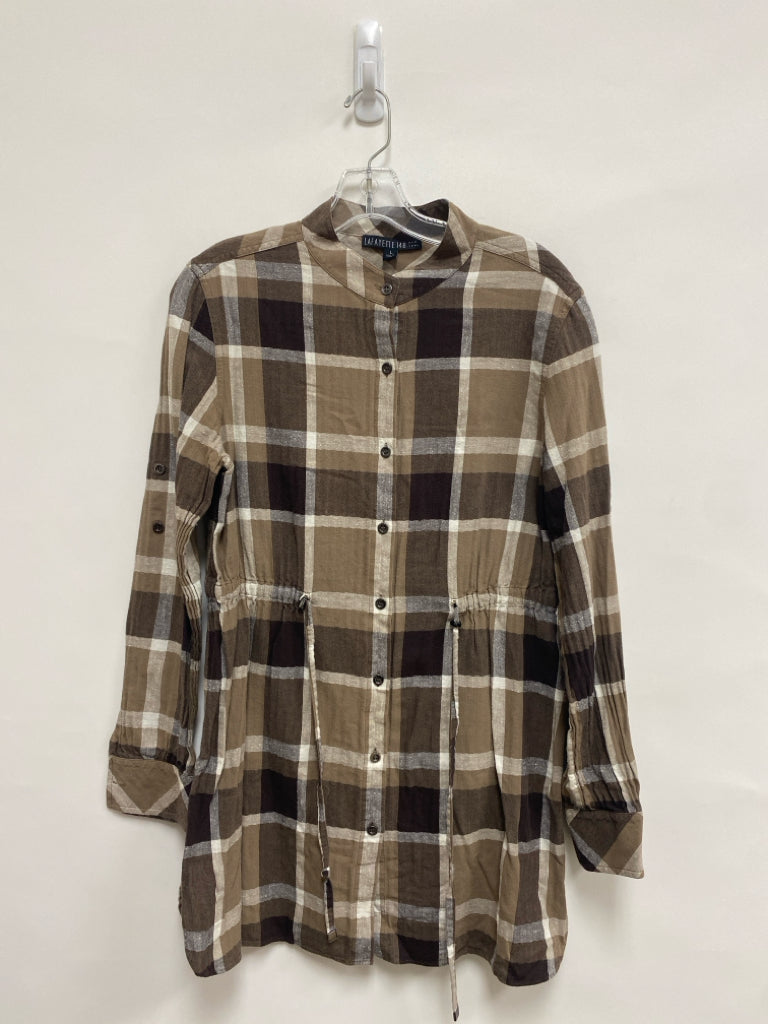 LAFAYETTE 148 Size L Taupe Brown/White Plaid Ladies Top
