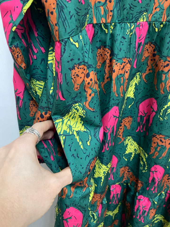 Jodifl Size XL Green/Yellow Pink/Brown Horses Long Sleeve Ladies Dress