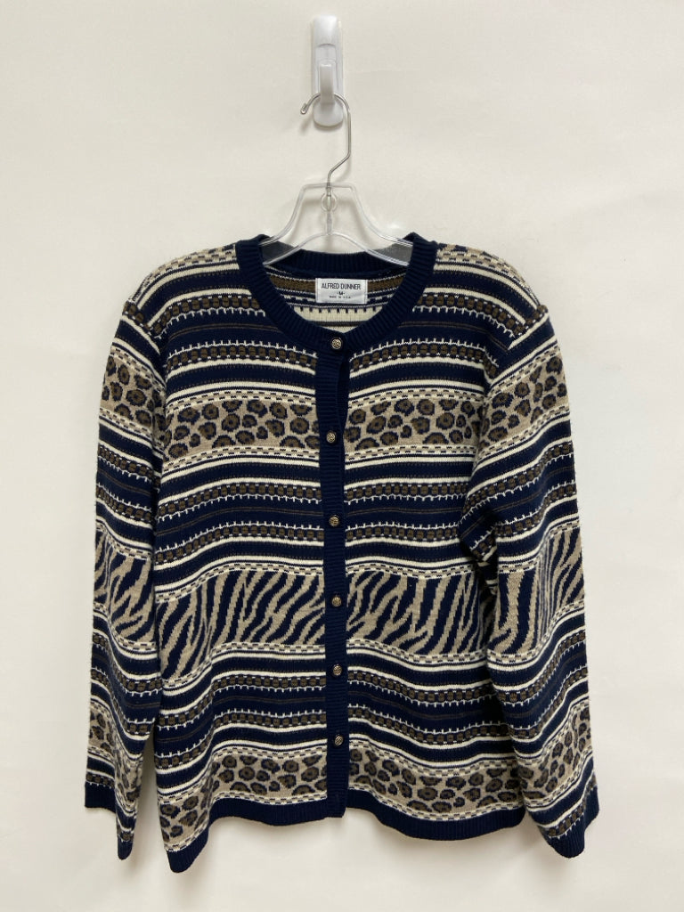 Alfred Dunner Size M Navy/Cream Brown Animal Print Cardigan Ladies Sweater