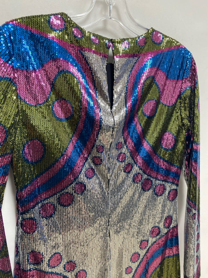 NWT LA DOUBLEJ Size S Green/Pink Blue/Silver Sequins Maxi Ladies Formal Dress