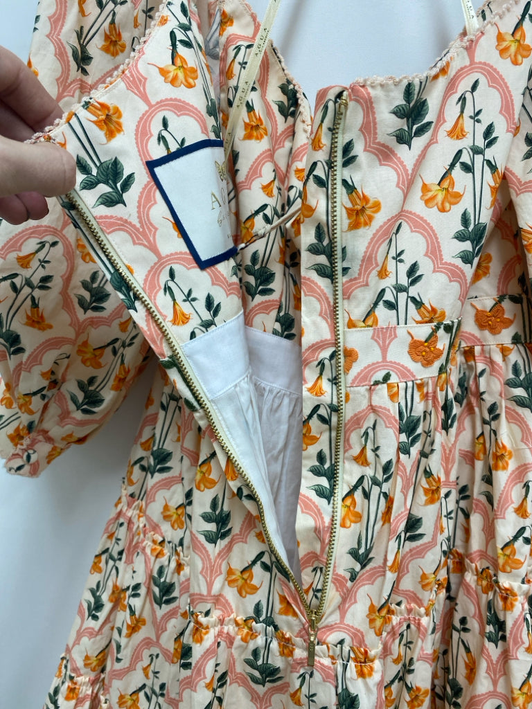 NWT Size S Peach Orange/Green Flowers Tiered Ladies Dress