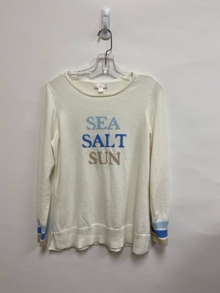 KIM GRAVEL Size S White Tan/blue Words Ladies Sweater