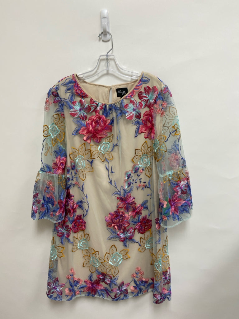 Eci Size 10 Beige Multi Color Embroidered Sheer Ladies Dress