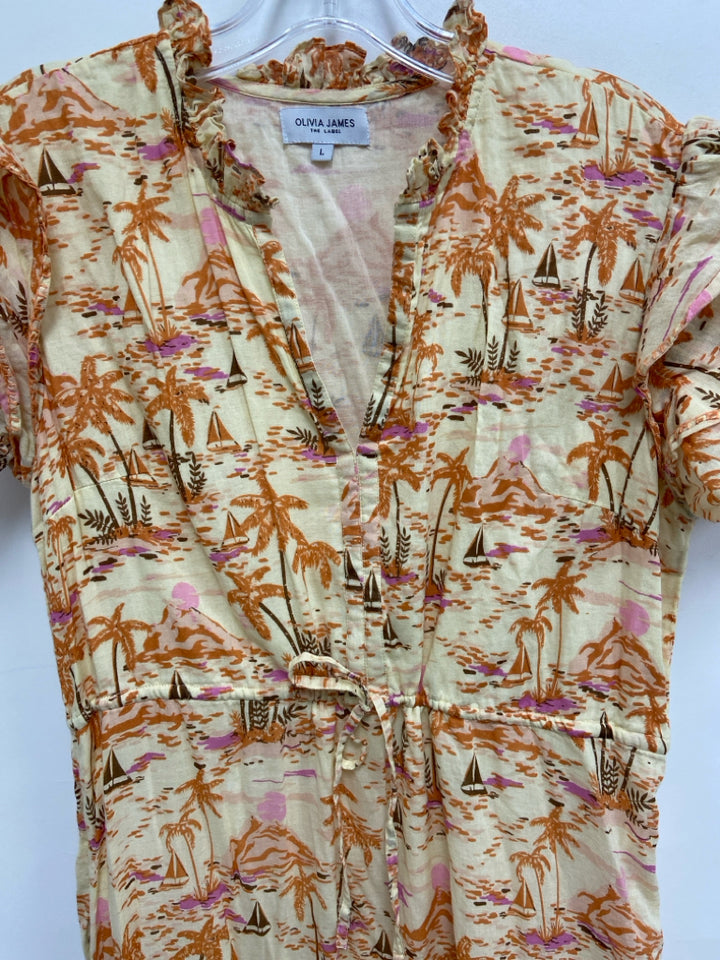 OLIVIA JAMES Size L Dusty Yellow Orange/Brown Tropical Short Sleeve Ladies Dress