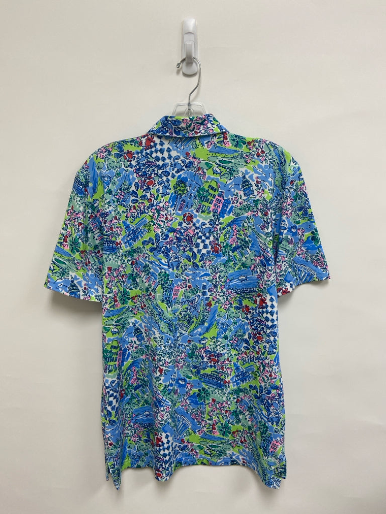 LILLY PULITZER Size S Blue Green/Pink Scene Polo Men&