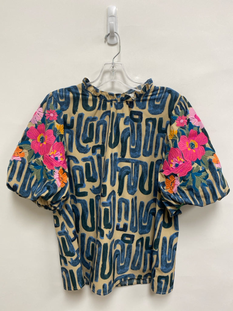 THML Size L Beige Blue/Multi Embroidered Puff Sleeve Ladies Top