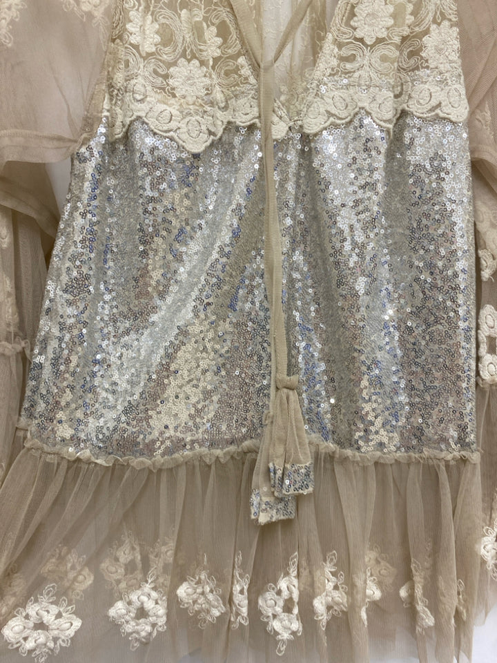 Size XS Beige Silver Sequins Bell Sleeves Sheer Ladies Top