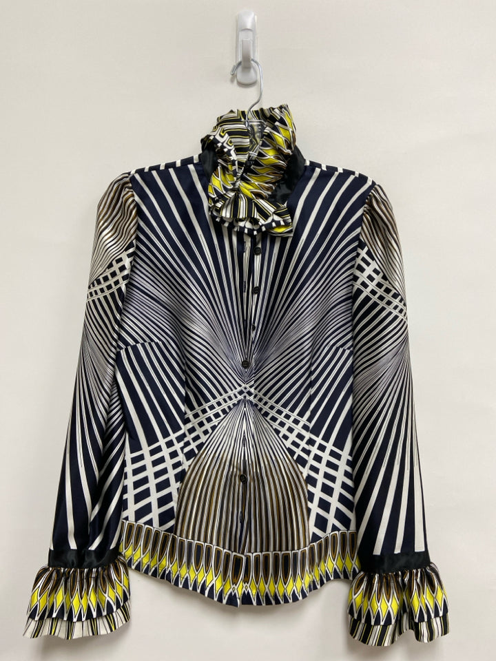 ETCETERA Size 2 Navy/White Yellow/Brown Stripes Mock Neck Ladies Top