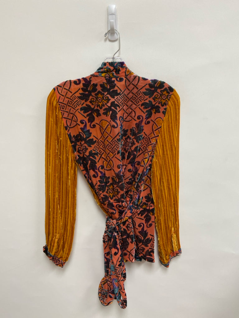 Anthropologie Size M Orange Coral/Multi Wrap Velour Ladies Top