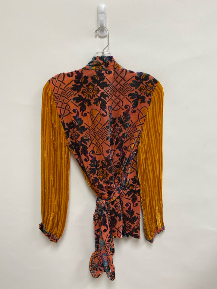 Anthropologie Size M Orange Coral/Multi Wrap Velour Ladies Top
