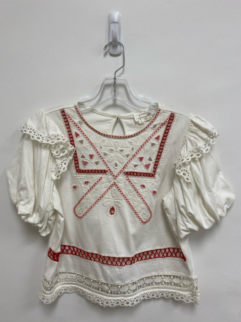 Anthropologie Size S White Raisin Embroidered Puff Sleeve Ladies Top