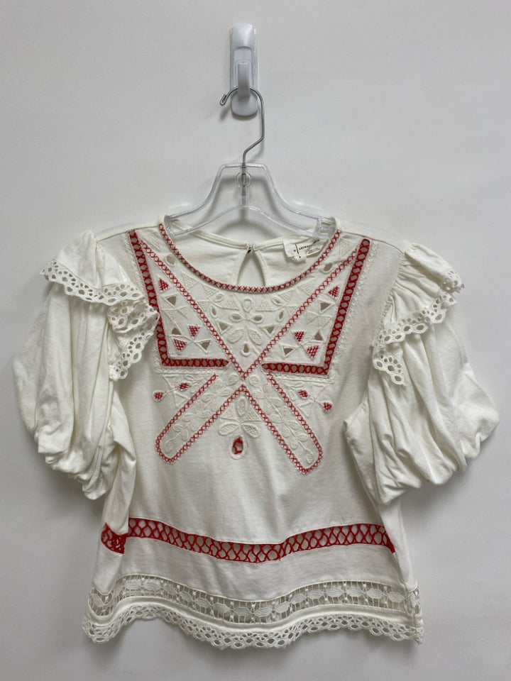 Anthropologie Size S White Raisin Embroidered Puff Sleeve Ladies Top