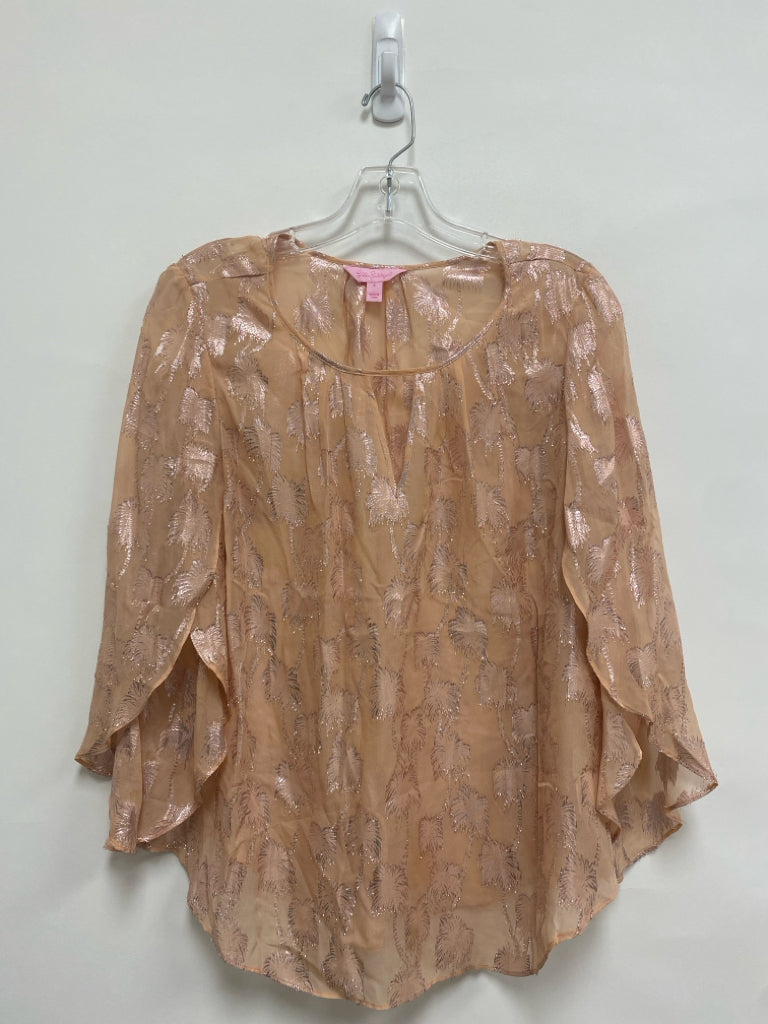 LILLY PULITZER Size S Peach Silver Palm Trees Bell Sleeves Sheer Ladies Top