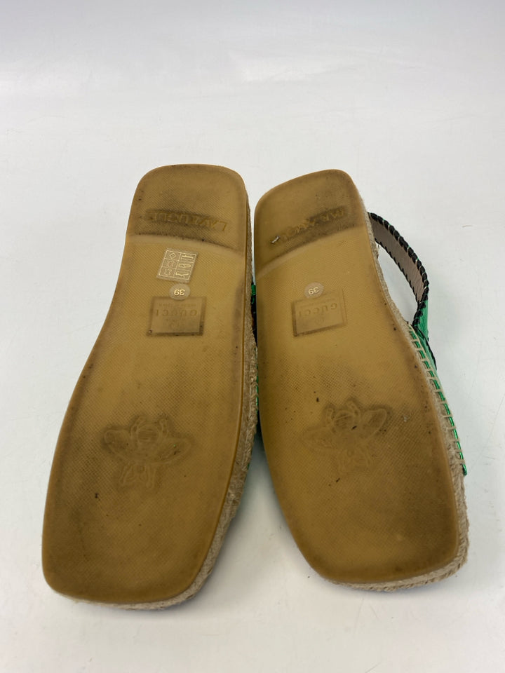 Gucci  Size 39 Green Black Logo Leather Sandals