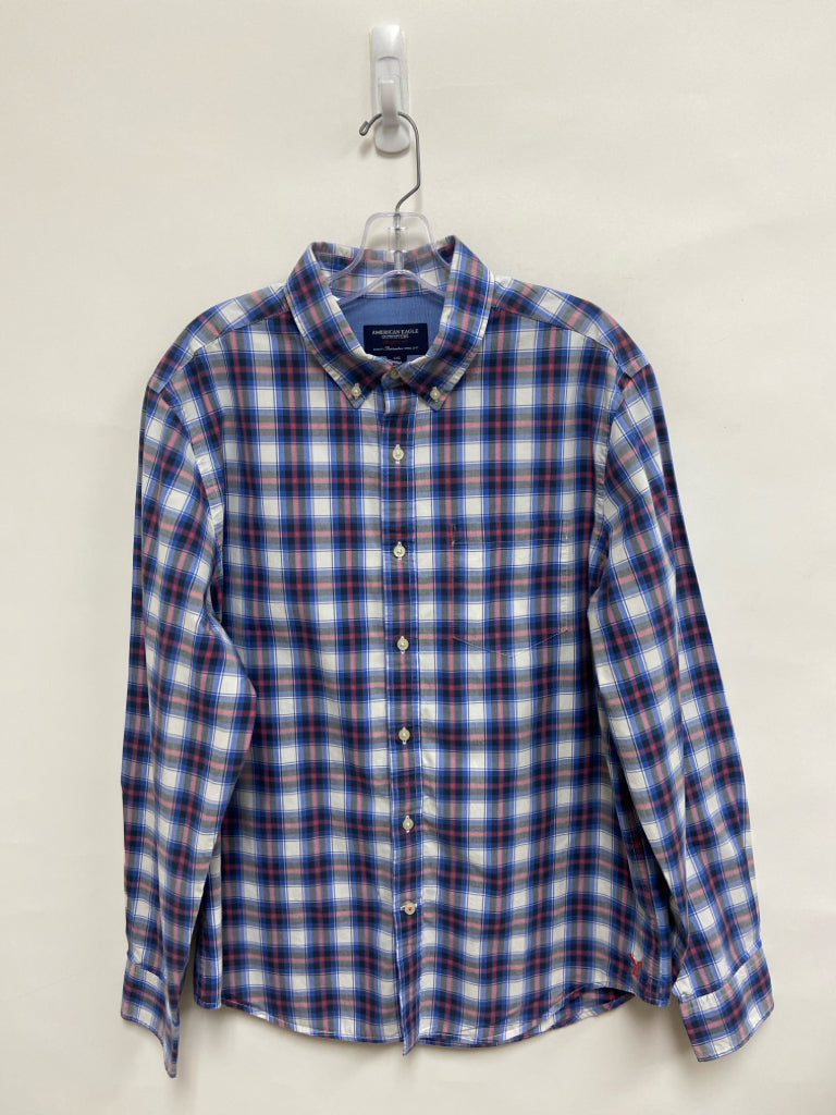 American Eagle Size L Blue White/Pink Plaid Button Up Men&