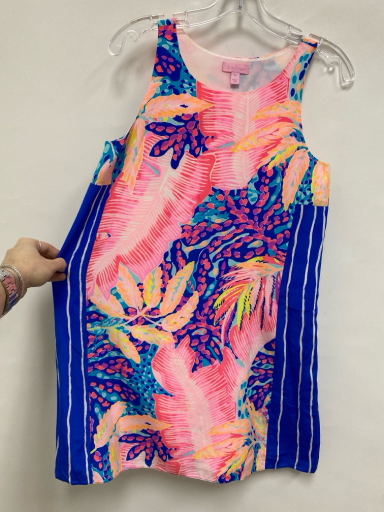 LILLY PULITZER Size XS Peach Pink/Blue Leaves Sleeveless Silk Ladies Dress